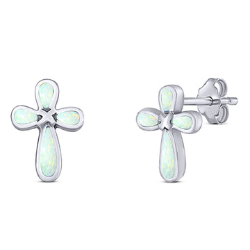 Cross Stud Earring Created White Opal Solid 925 Sterling Silver (12.6mm)